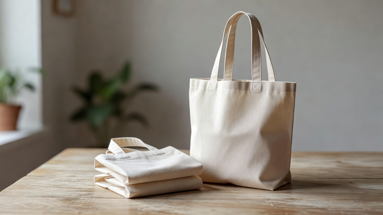 Folded cloth shopping bag and an upright reusable tote shown as a soft-lit object grouping