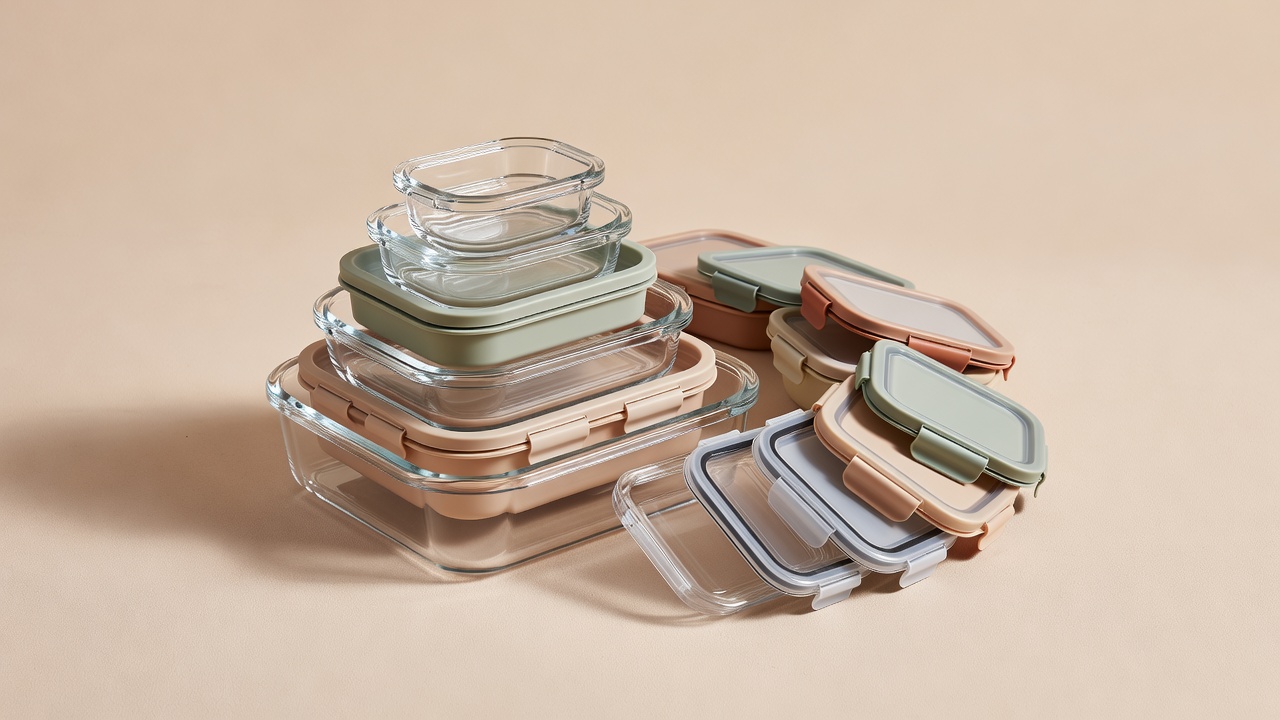 Nested glass and lightweight reusable containers with their lids arranged on a plain warm background