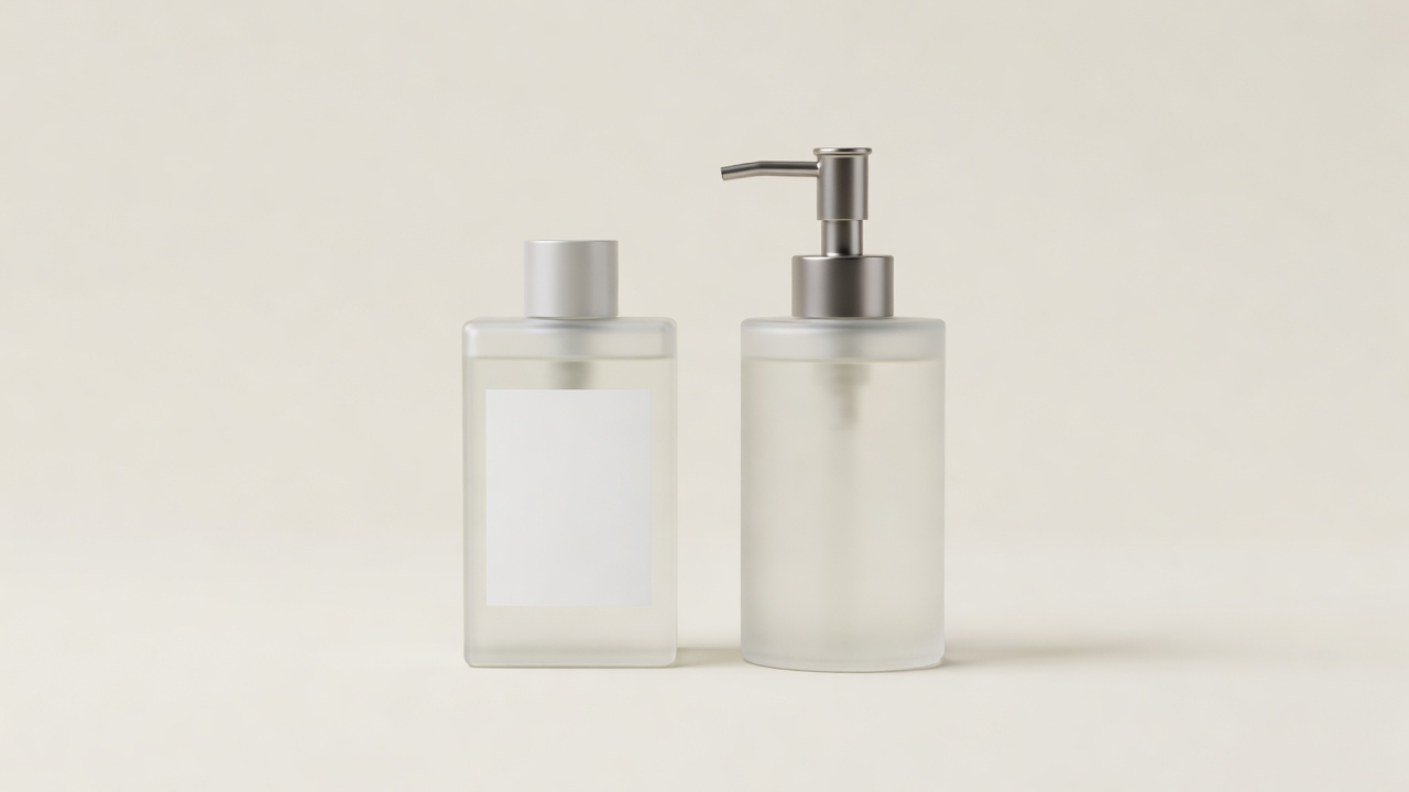 Soft-lit render of a labeled cleaning refill bottle beside a reusable pump dispenser on a plain cream background
