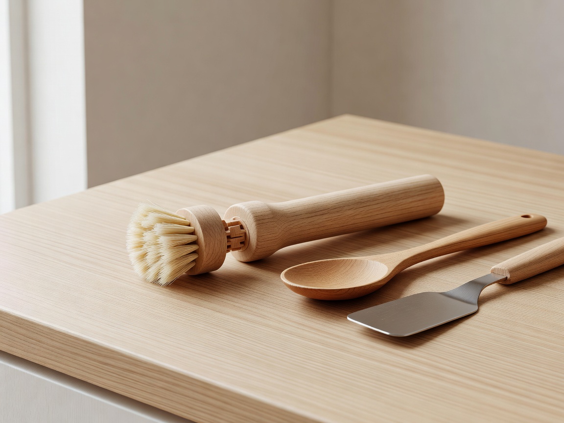 Replaceable-head dish brush, wooden spoon and stainless steel kitchen tool arranged in a soft-lit render